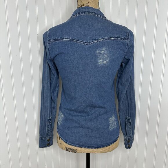 Miley Cyrus Max Azria Denim Top Sz S Snap Front Distressed Country Cowgirl - Picture 4 of 11